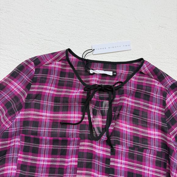 Three Eighty Two Plaid Sheer Tie Front Blouse Size XS NWT Made in USA - Picture 2 of 6